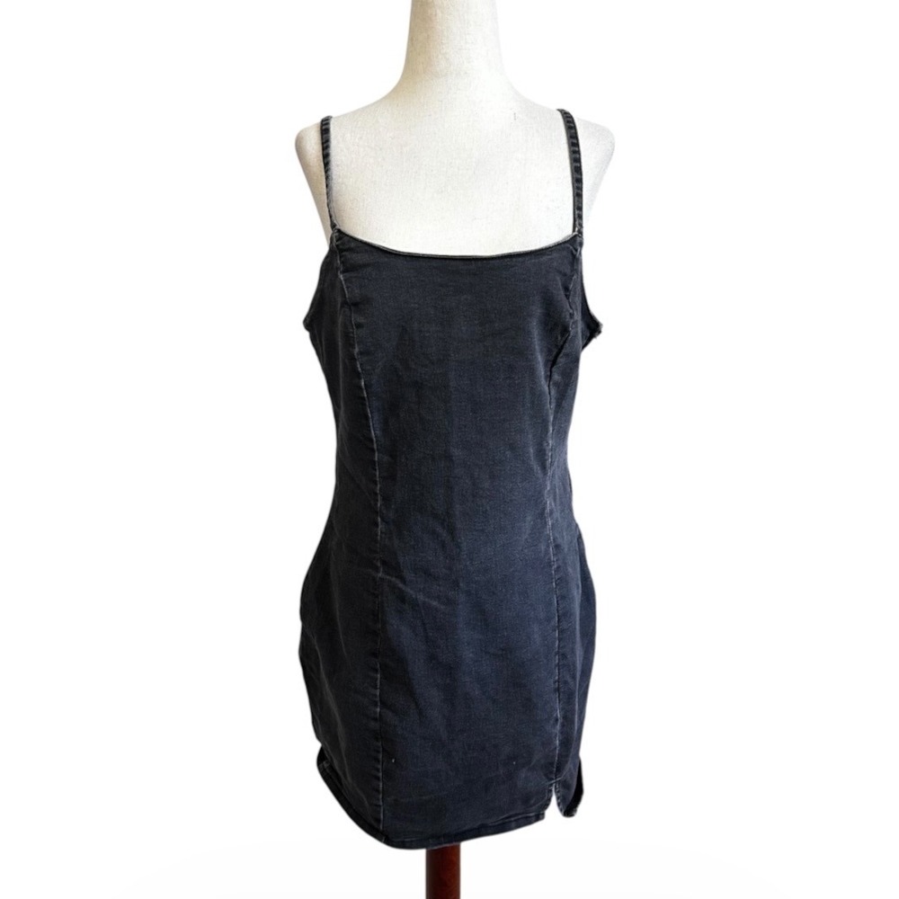 H&M Divided Womens Black Denim Bodycon Mini Dress Size Large Side Zip | 0083